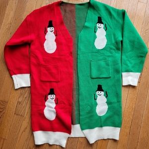 Festive Holiday Snowman Cardigan Open Sweater Colour Block M/L